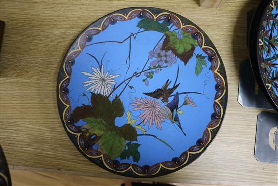 Five Japanese cloisonne enamel dishes of birds amid flowers including a pair largest diameter 30cm